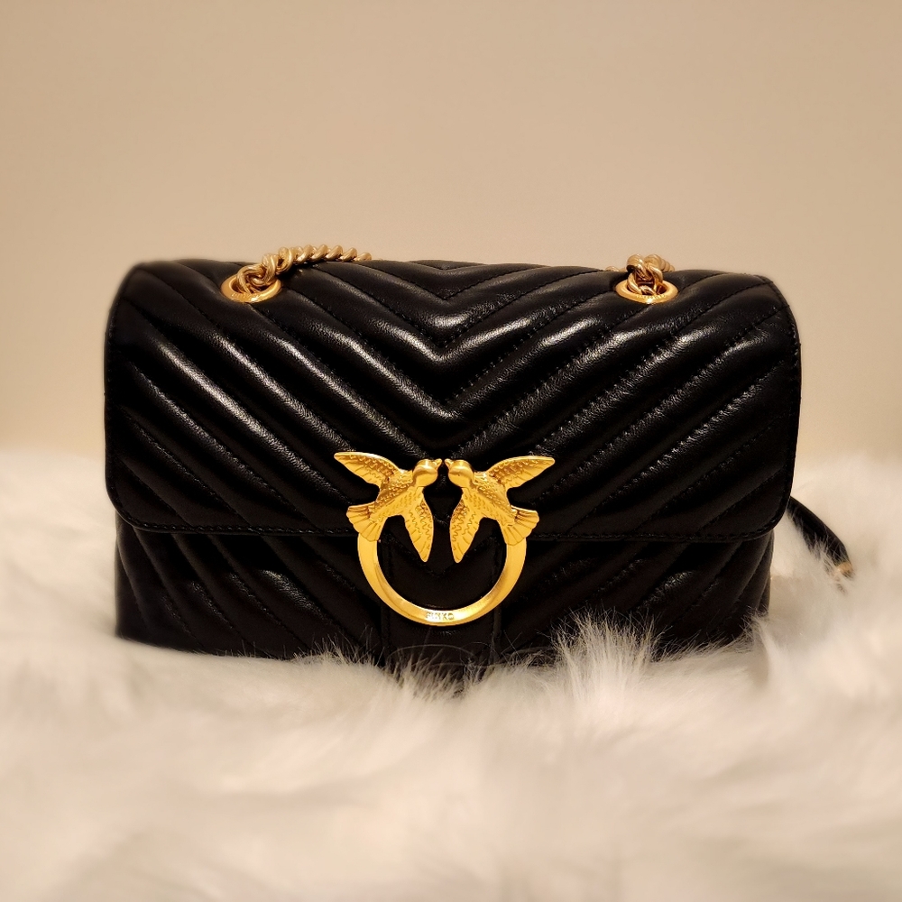 Pinko Logo Plaque Black Quilted Shoulder Bag